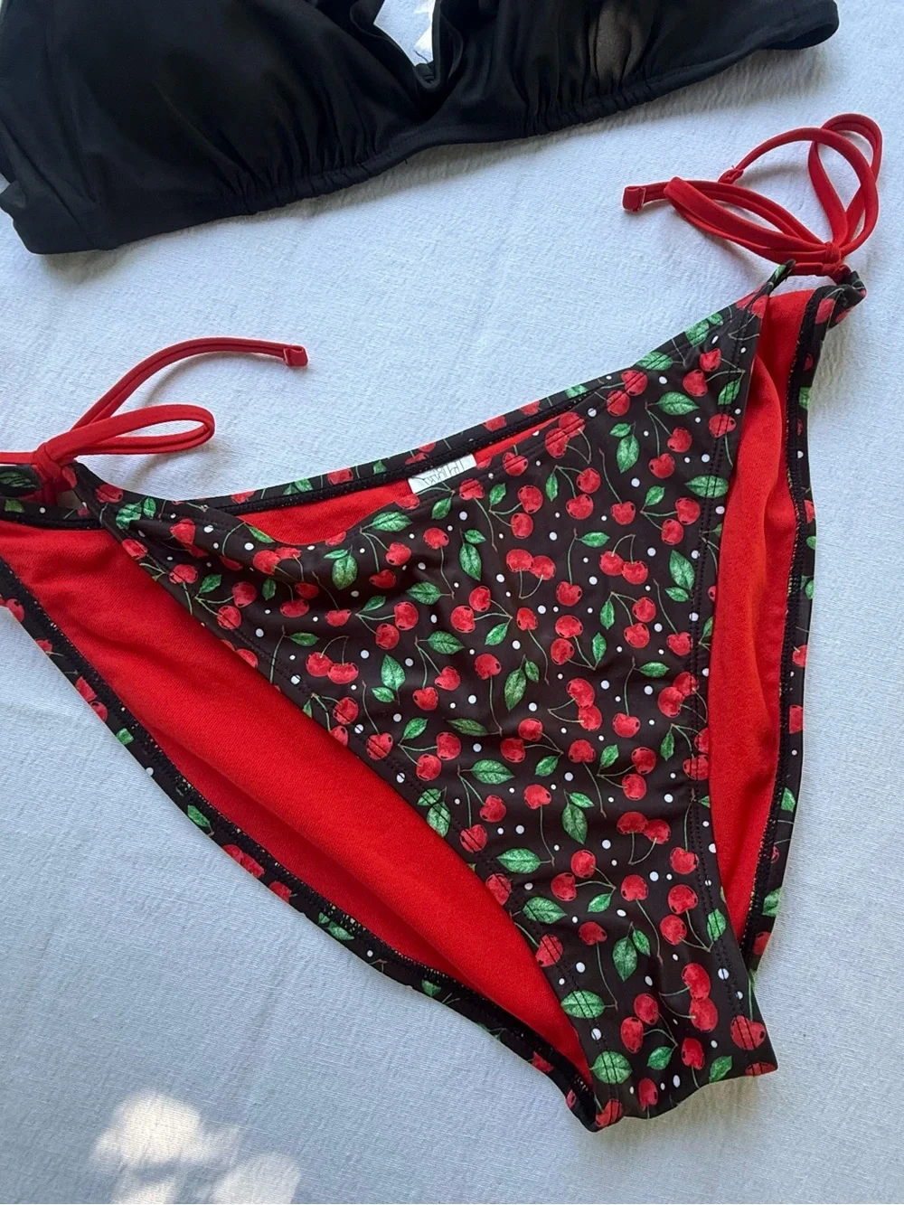 Size XL Black Ruffle Bikini Top with Cherry Print Tie-Side Bottoms